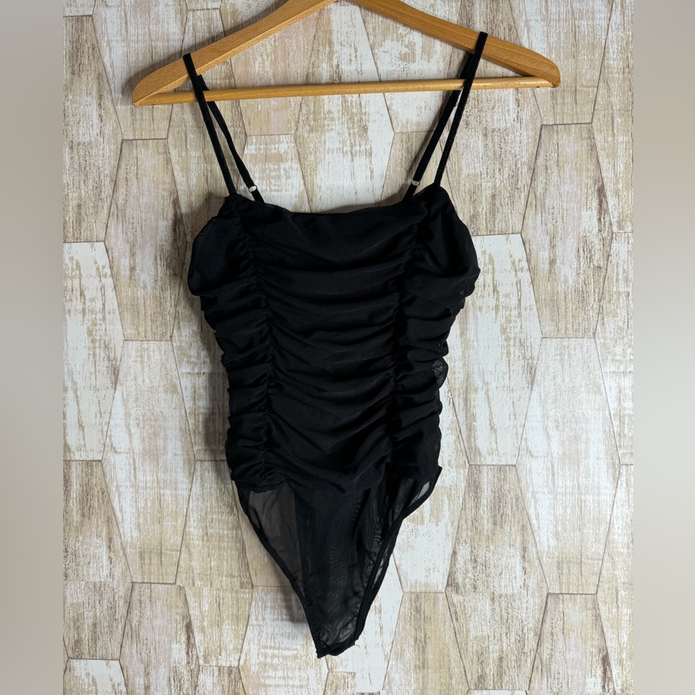 Forever 21 Women’s Black Knit Mesh Overlay Ruched Tank Top Size S Bodysuit Sheer
